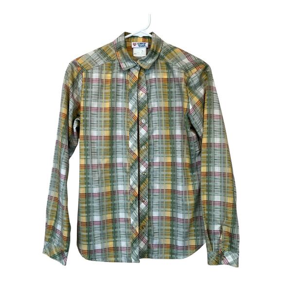 College Town Tops - Vintage Plaid Button Up Blouse Shirt Top Retro 70s 80s Neutral